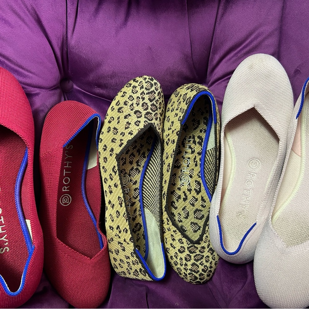 Rothy’s round toe flats. Pink, red and cheetah